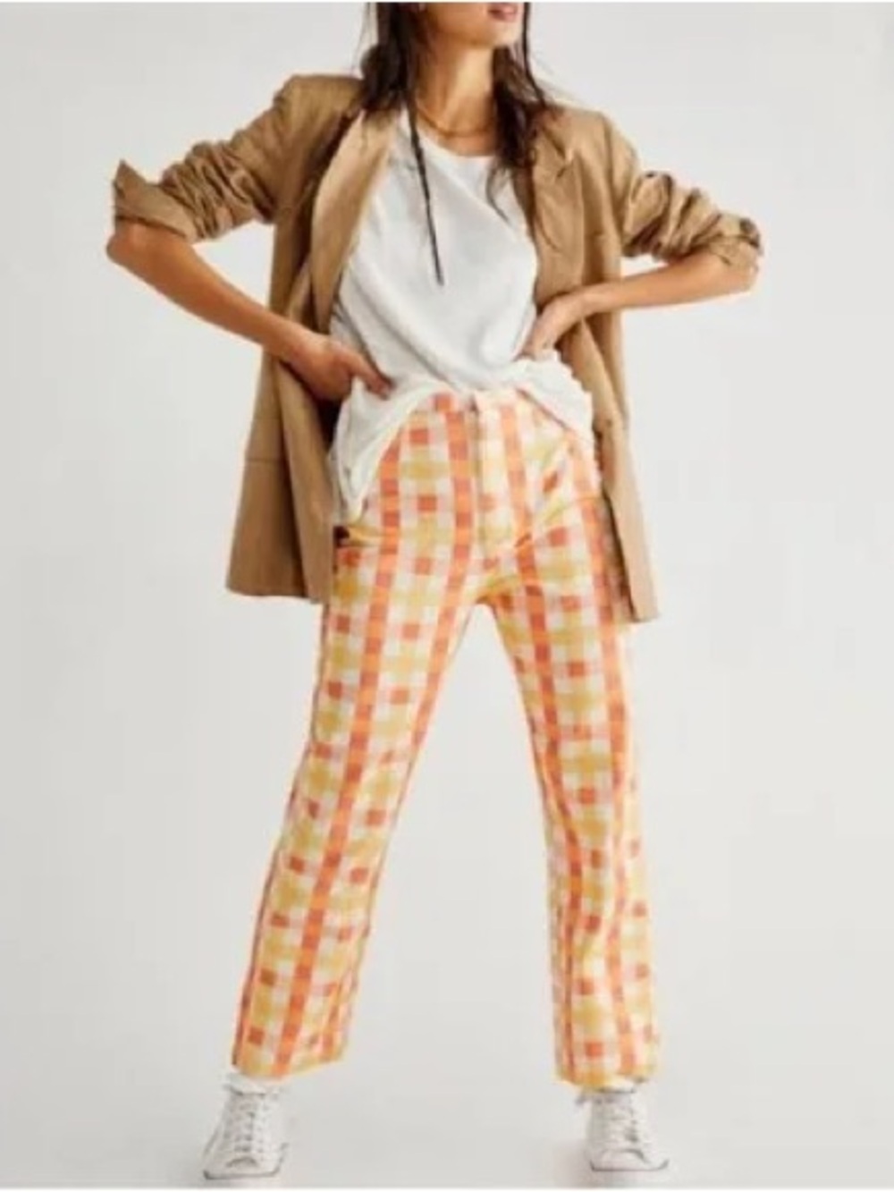 Free People Women's Plaid Straight-Leg Pants in Yellow & Orange